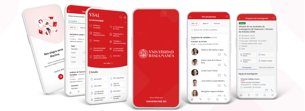 Varios smartphones con pantallas de la app de USAL